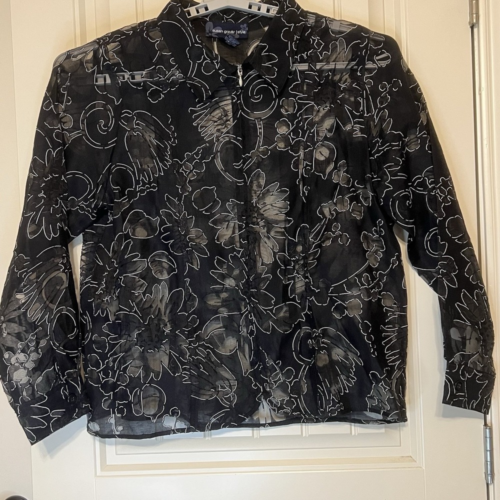 Susan Graver Style Black Sheer Floral Print Zip Front Blouse Long Sleeve XL